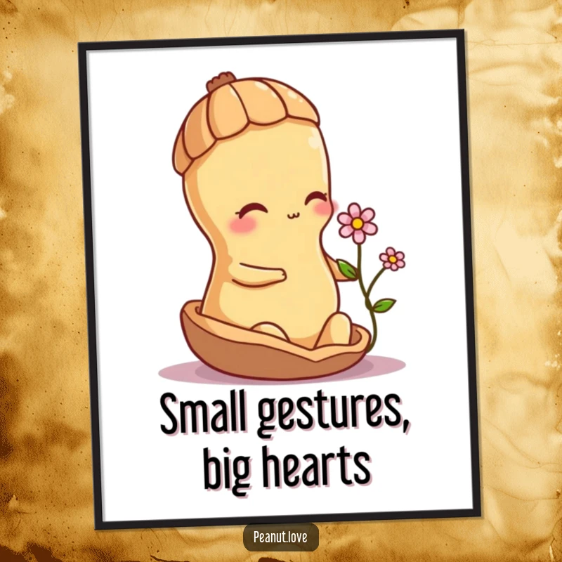 Free Printable Wall Art: A shy peanut character offers a small, delicate flower from its shell, creating a gentle and sweet decorative piece.
