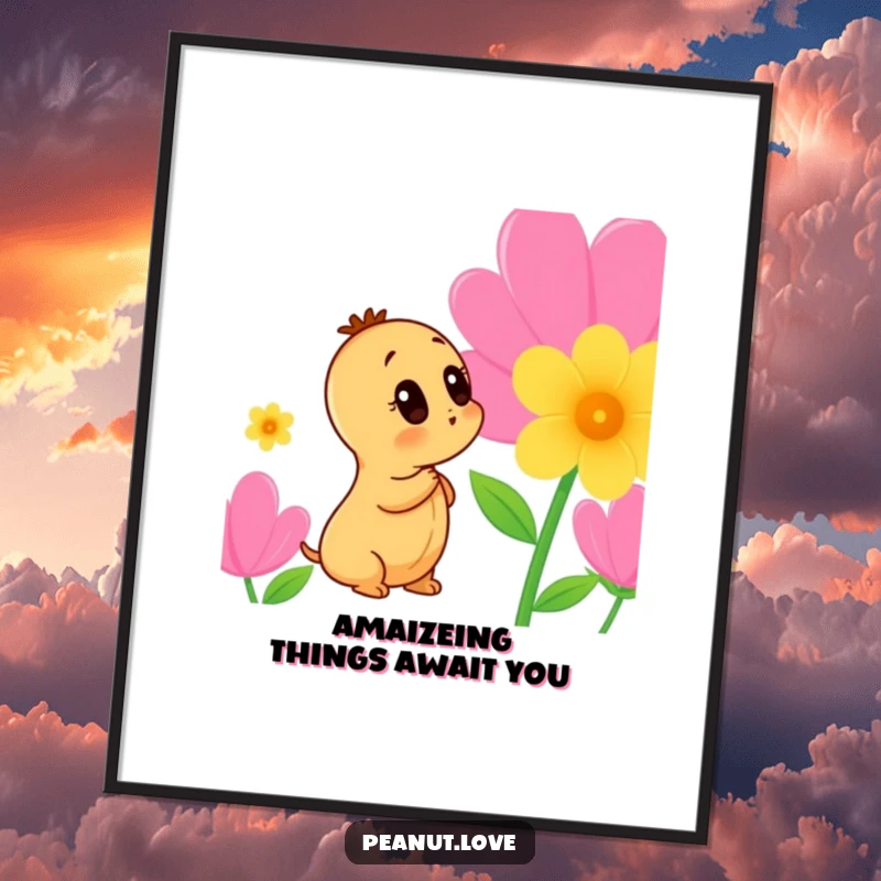 Funny Free Printable Wall Art: a curious peanut character sniffing a large, vibrant flower with focused, keen interest.