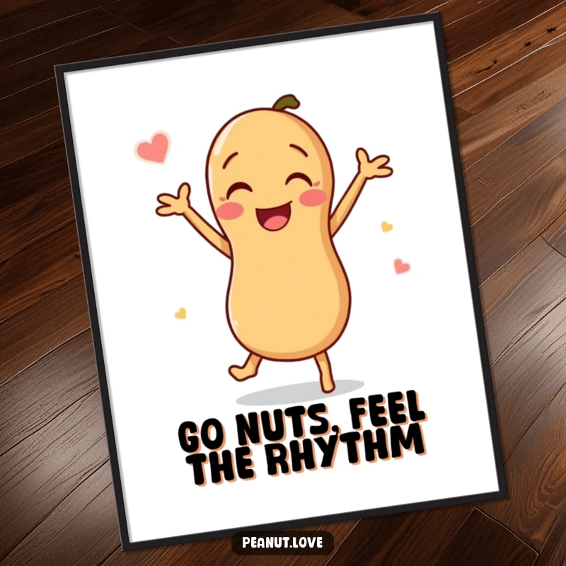 Funny Free Printable Wall Art featuring a gleeful peanut character in mid-dance, radiating pure joy and fun.