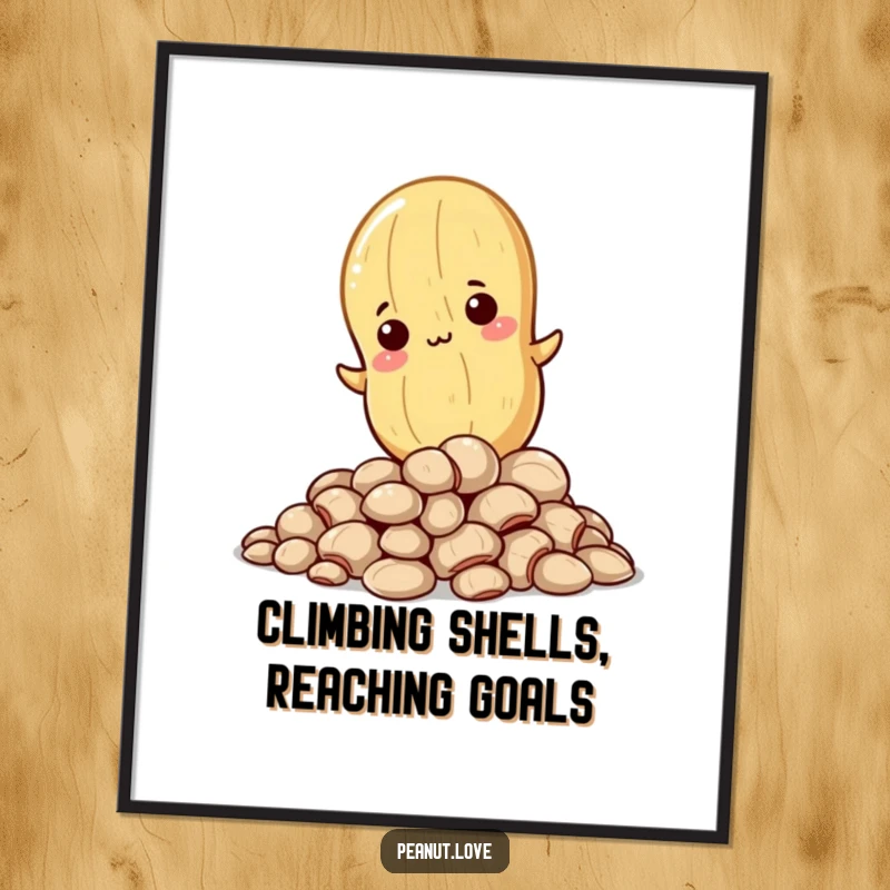 Funny Free Printable Wall Art: A determined Kawaii peanut intensely climbing a pile of shells, symbolizing effort.
