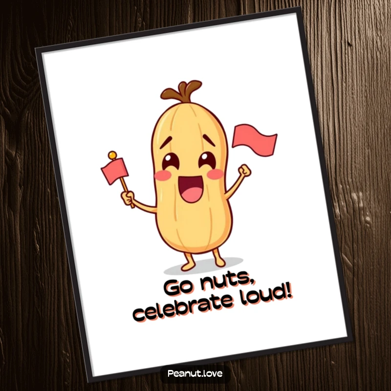 Funny Free Printable Wall Art: Excited kawaii peanut character gleefully waving a tiny flag, vibrant and humorous downloadable art.