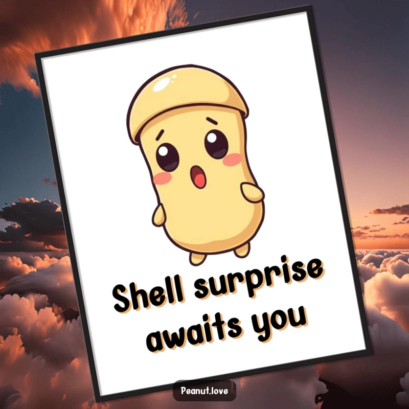 Funny Free Printable Wall Art: A Kawaii peanut with wide, surprised eyes as its shell cracks open, depicting a moment.