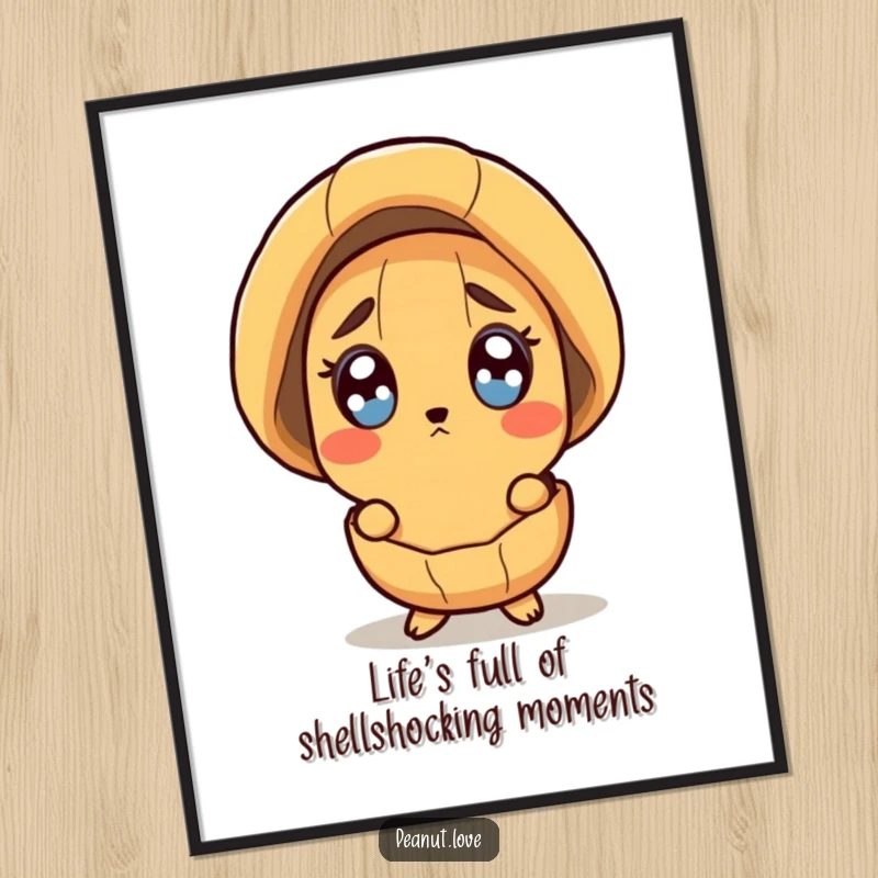 Funny Free Printable Wall Art: Surprised peanut character peeking out of its shell, wide-eyed with curiosity and amusement.