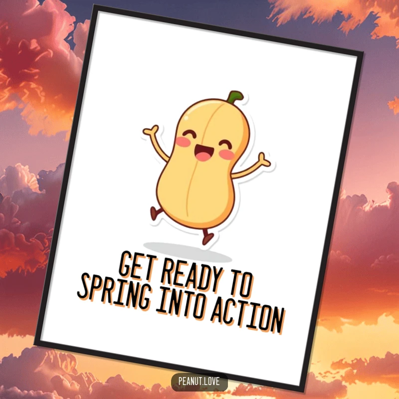 Funny Free Printable Wall Art: Excited peanut character with wiggling legs, about to do a joyful jump, full of energy.