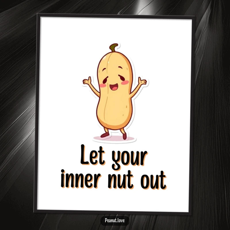 Funny Free Printable Wall Art: Cute anthropomorphic peanut doing a ridiculous dance, vibrant and humorous downloadable art.