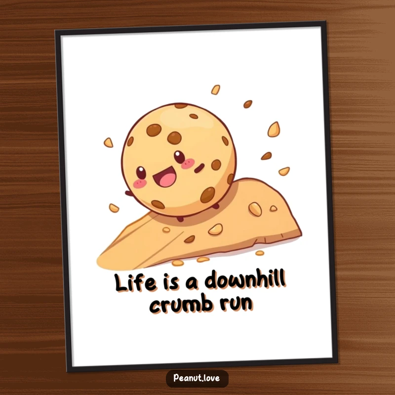Funny Free Printable Wall Art: A round cookie character happily rolls down a grassy hill, leaving a trail of crumbs.