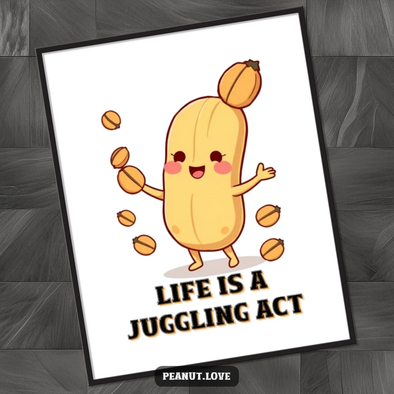 Funny Free Printable Wall Art: Playful peanut character gleefully juggling small nuts, showcasing skill and delight.
