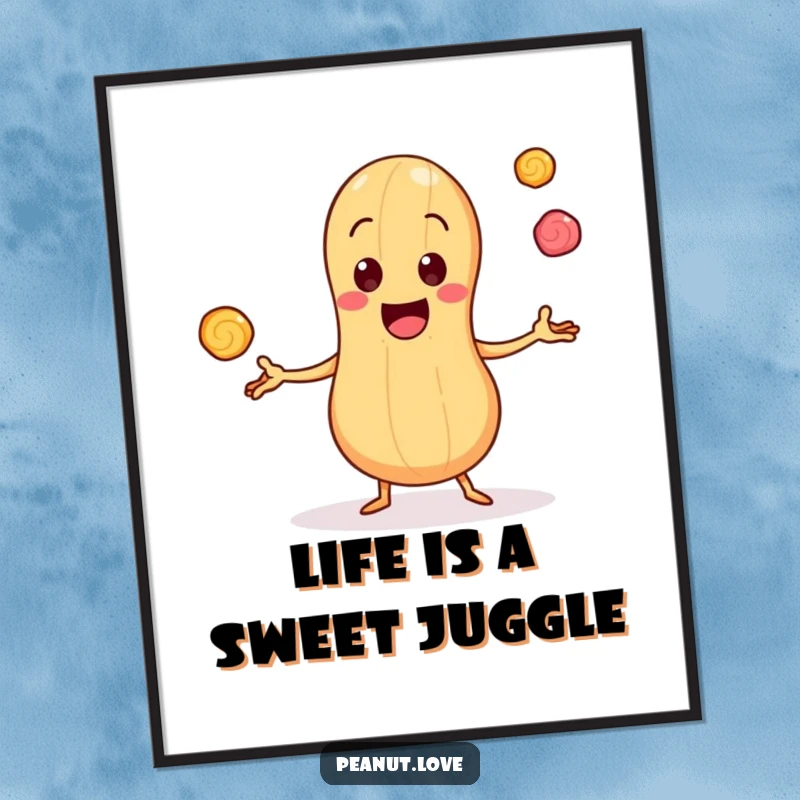 Funny free printable wall art of a cheerful peanut character expertly juggling three tiny, bouncing candy pieces, full of energy.