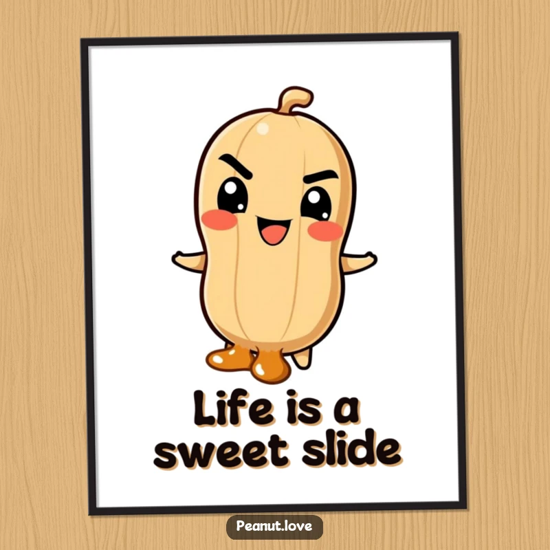 Funny free printable wall art depicting a peanut character with a mischievous grin sliding down a luscious caramel swirl, full of fun.