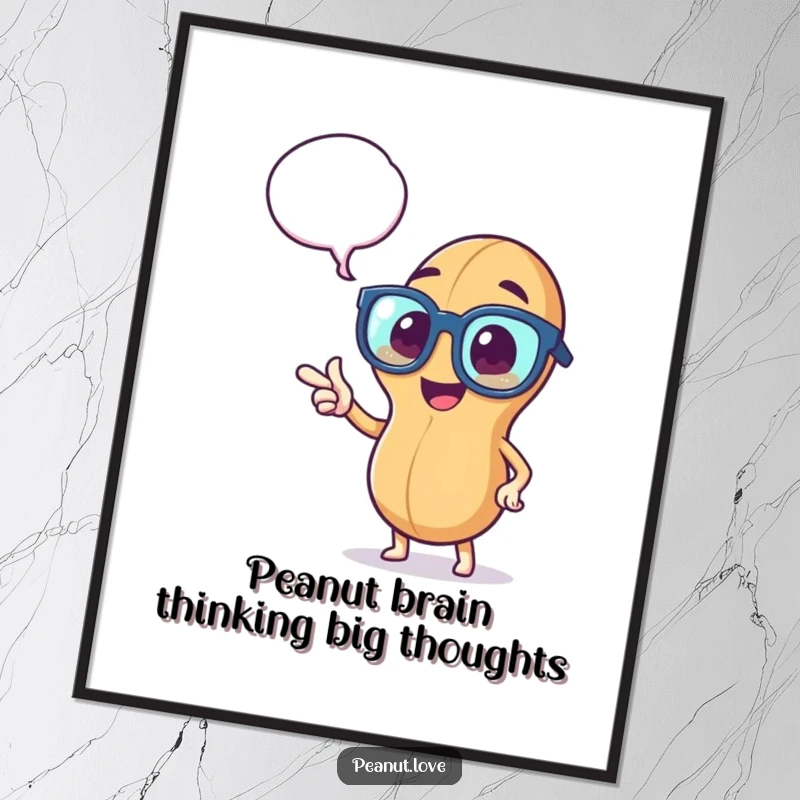 Funny Free Printable Wall Art: Peanut Wearing Big Glasses, Pointing to a Thought Bubble, Displaying Cleverness and Humor.