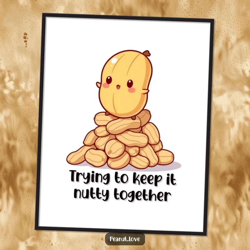 Funny Free Printable Wall Art: Bewildered Peanut Balancing Precariously on a Stack of Peanuts, Symbolizing Life's Funny Challenges.