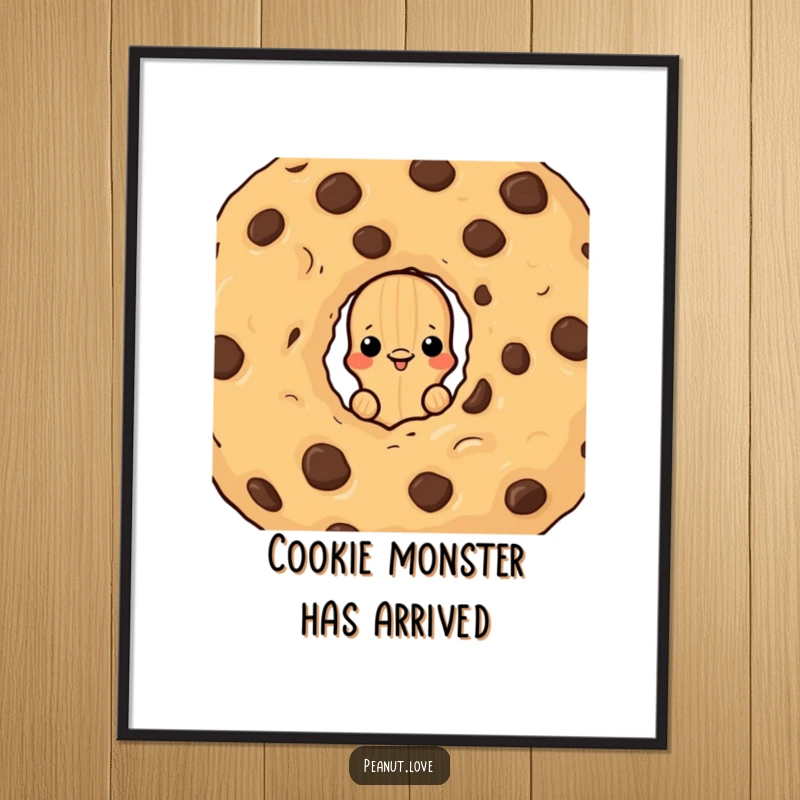 Funny Free Printable Wall Art: Peanut character peeking from behind a chocolate chip cookie, whimsical decor, sweet and funny, DIY art.