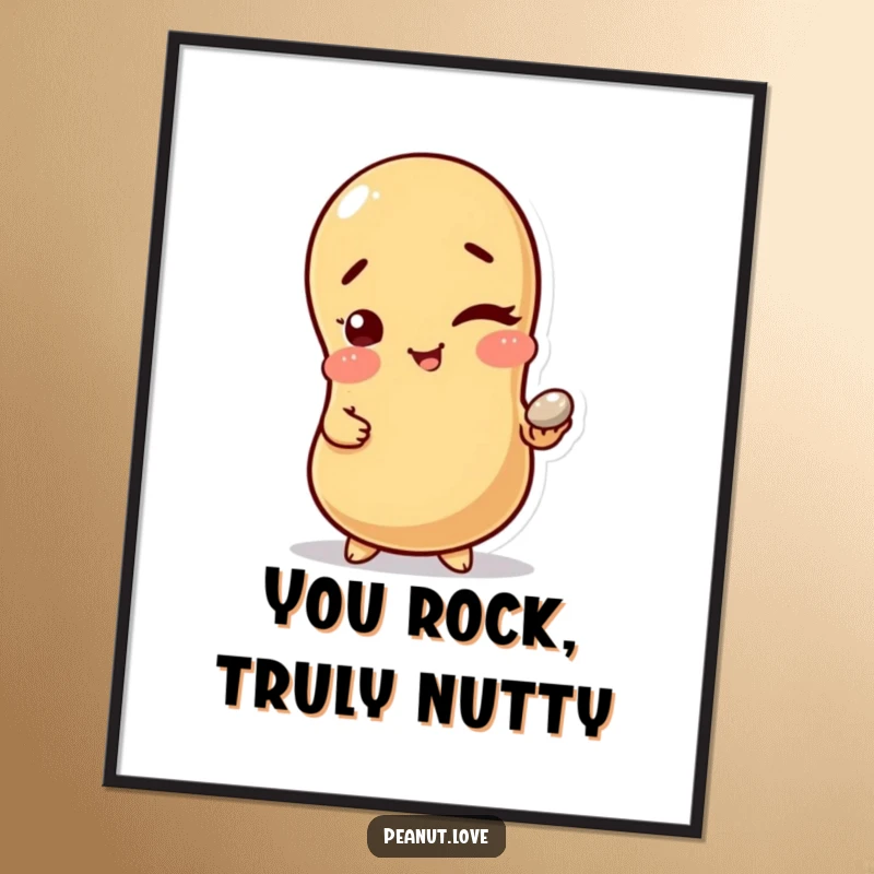 Funny Free Printable Wall Art: A peanut character winks playfully, holding a tiny, shiny pebble, adding a touch of mischievous charm.