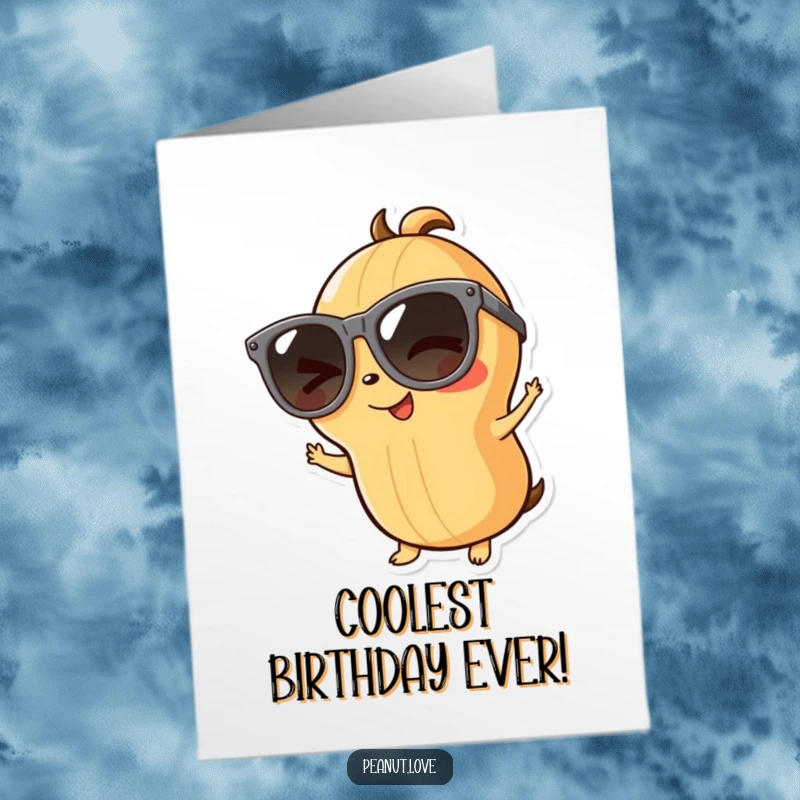 Funny Free Printable Happy Birthday Card: Playful peanut character wearing oversized sunglasses, winking cheekily for a cool birthday greeting.