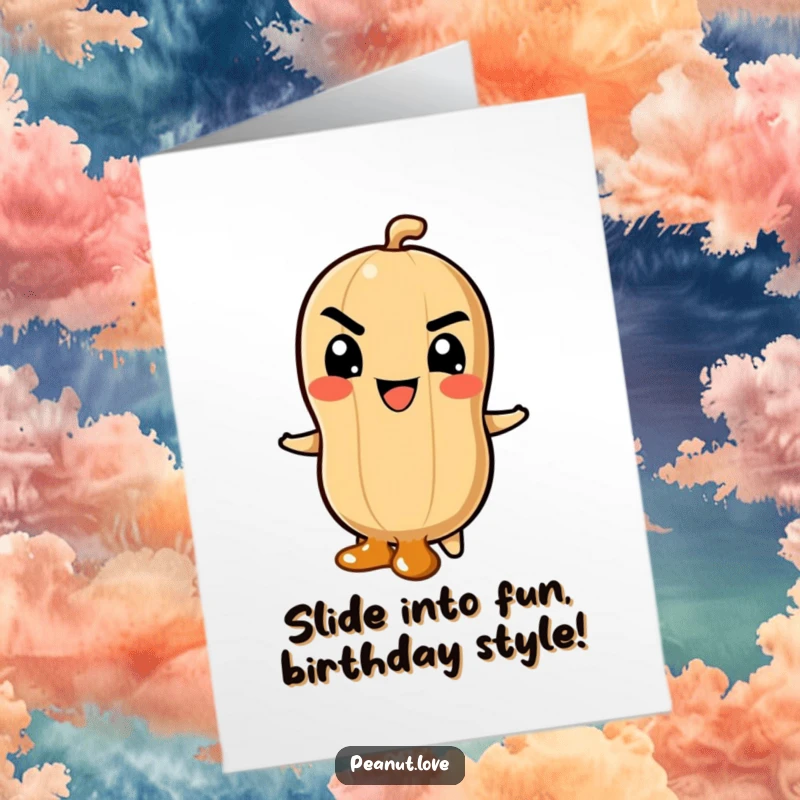 Funny free printable birthday card featuring a peanut character with a mischievous grin, sliding down a caramel swirl, full of delight.