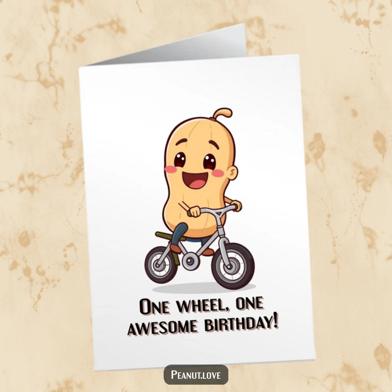 Funny Free Printable Birthday Card: Cheerful Peanut Grinning While Riding a Tiny Unicycle