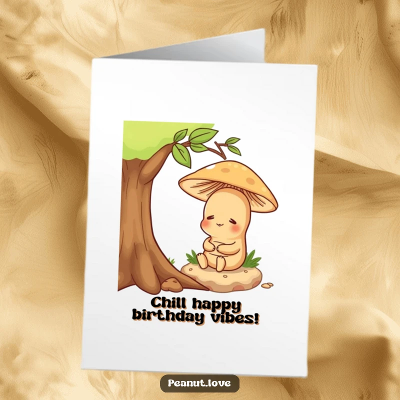 Funny Free Printable Birthday Card: Contented peanut relaxing under a mushroom, conveying peace, perfect for a DIY gift.