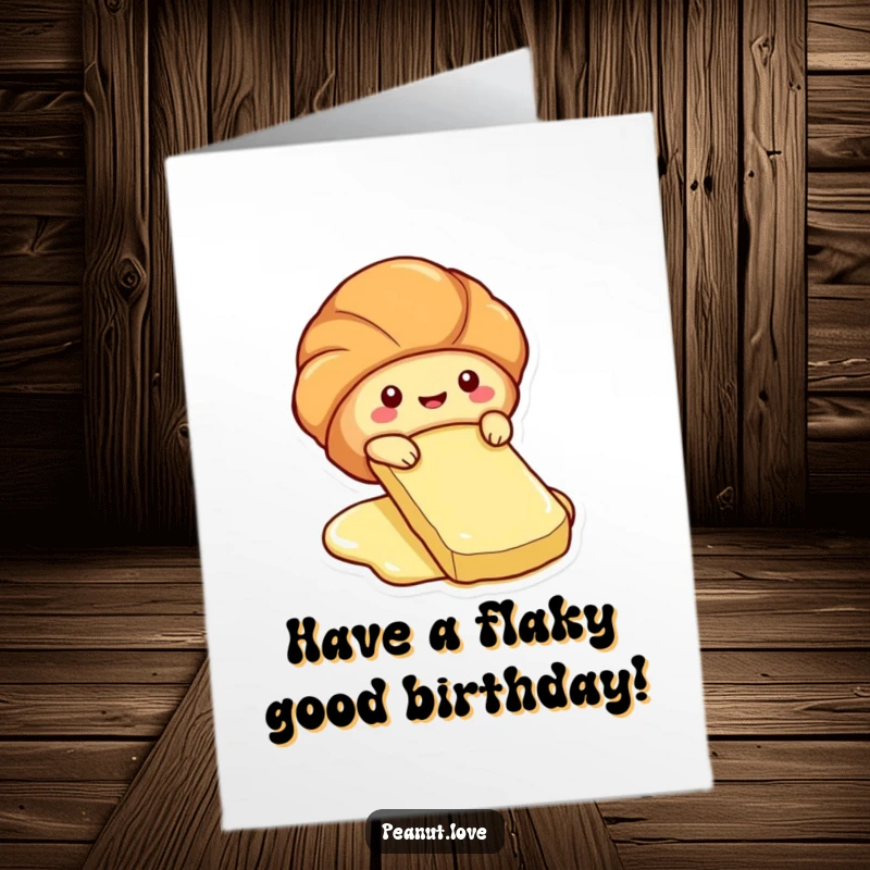 Funny Free Printable Birthday Card: A cute croissant character hilariously sliding down a butter pat like a fun slide.