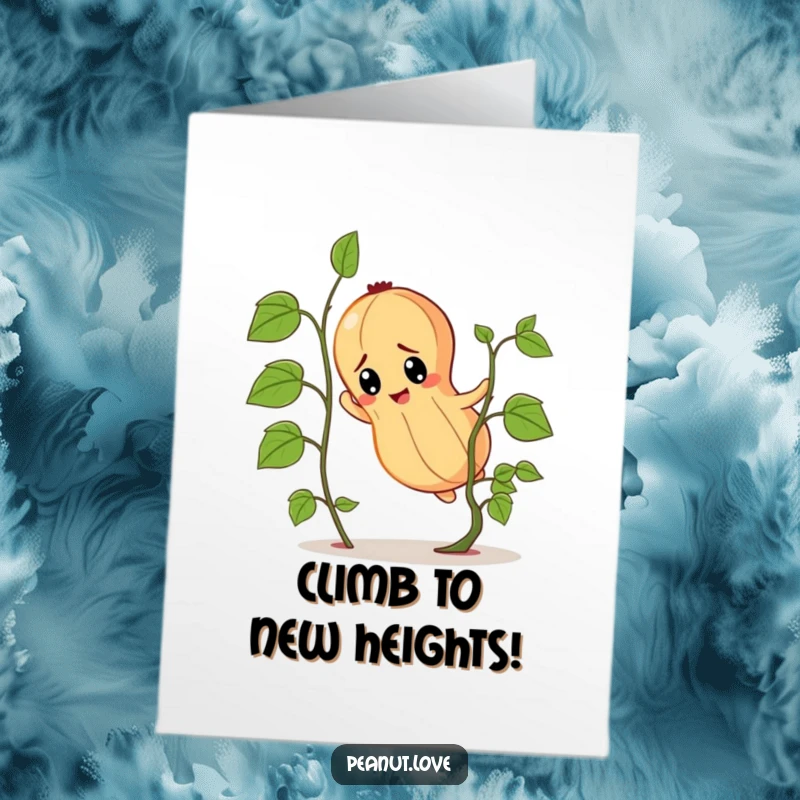 Funny Free Printable Birthday Card: Determined peanut character diligently climbing a small green vine, showing focus and effort.