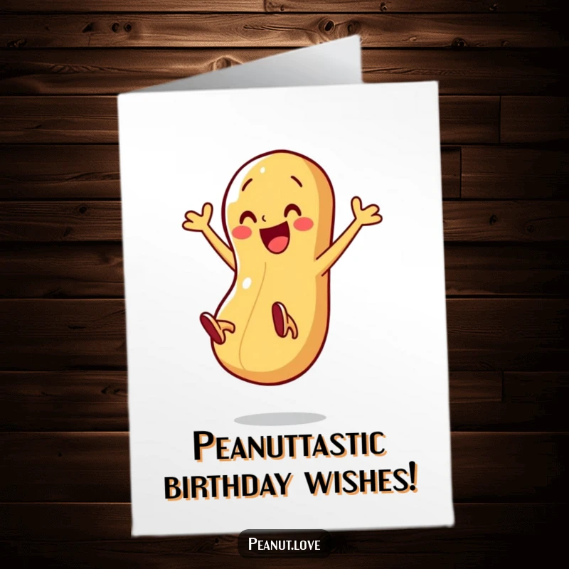 Funny Free Printable Birthday Card: A happy peanut character kicks legs mid-air, full of energetic joy and birthday fun.