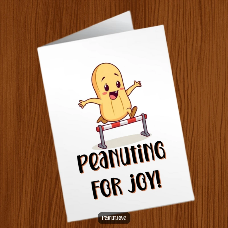 Funny Free Printable Birthday Card: Energetic peanut leaping high over a tiny hurdle with determination and a smile.