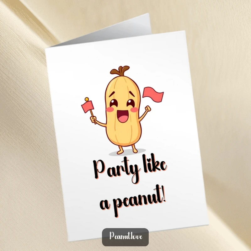 Funny Free Printable Birthday Card: Excited peanut character joyfully waving a tiny flag, perfect for a celebratory DIY gift.