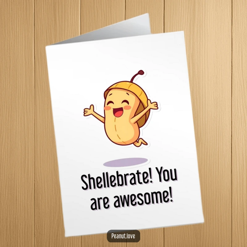 Funny Free Printable Birthday Card: Joyful peanut character leaping for joy inside a happy shell, ready for a hilarious celebration.