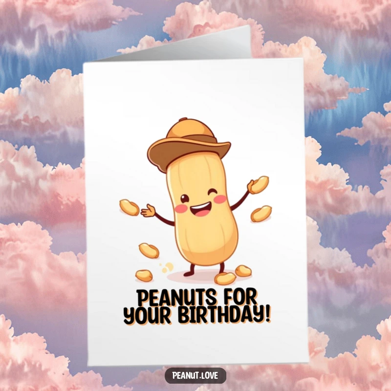 Funny Free Printable Birthday Card: Tiny Peanut in Hat Juggling Peanuts with a Joyful Grin, Perfect for a Party.