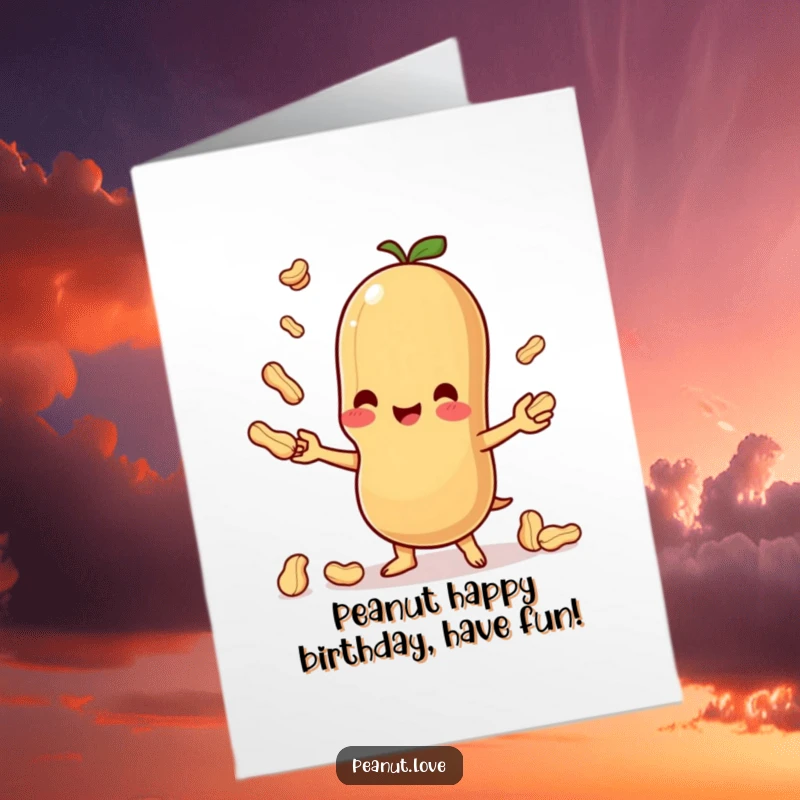 Funny Free Printable Birthday Card: An anthropomorphic Kawaii peanut happily juggling smaller peanuts, spreading birthday joy.