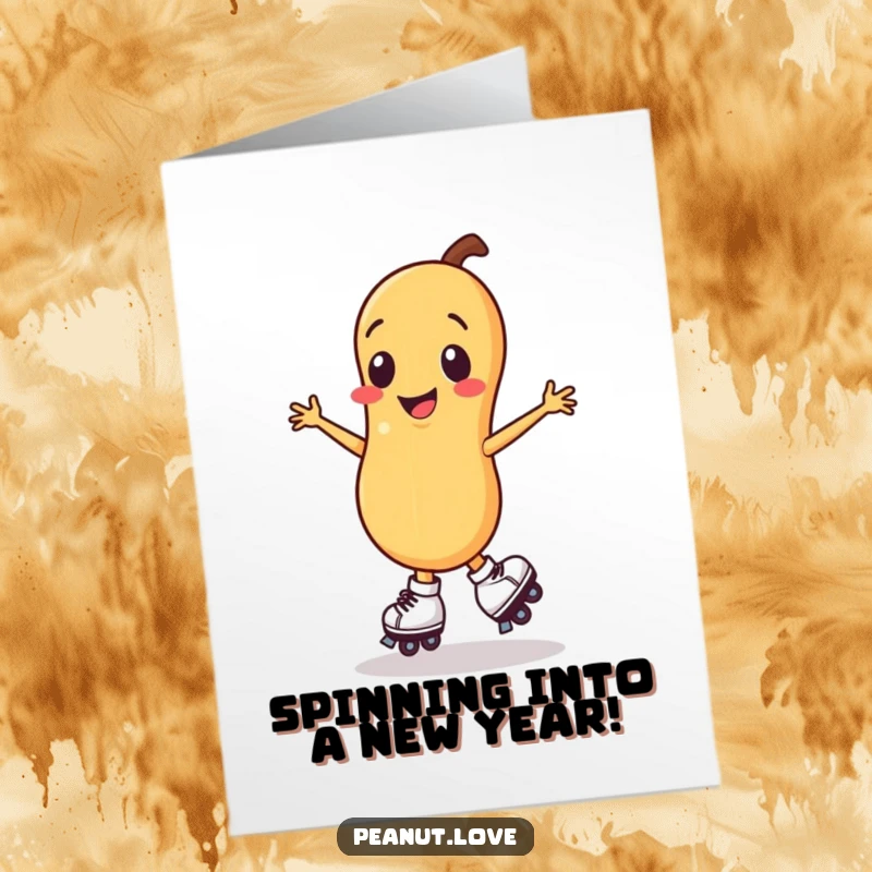Funny Free Printable Birthday Card: A smiling peanut character in tiny roller skates performing a joyful spin, full of birthday energy.