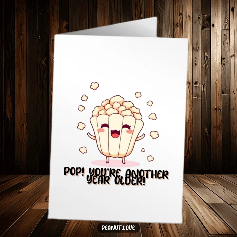 Funny Free Printable Birthday Card: A popcorn kernel character comically popping with surprise, scattering kernels everywhere.
