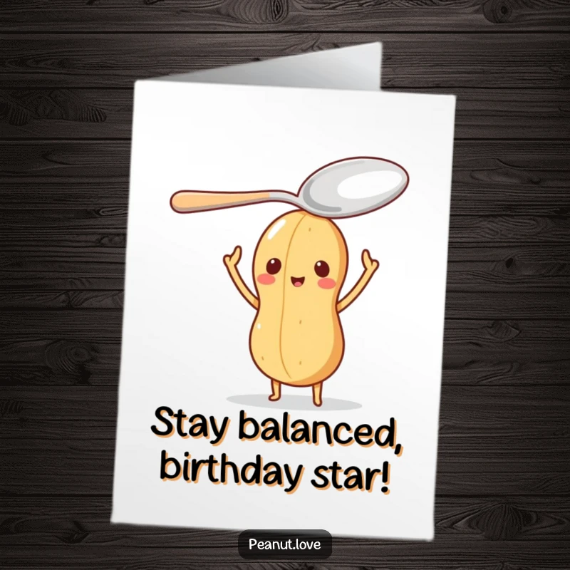 Funny Free Printable Birthday Card: A small peanut character comically balances a giant spoon on its head, looking focused.