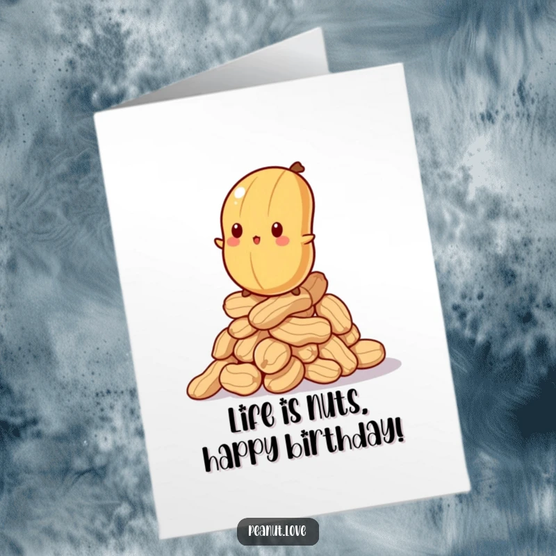 Funny Free Printable Birthday Card: Bewildered Peanut Balancing on Wobbly Stack, Hilariously Navigating Life's Challenges.