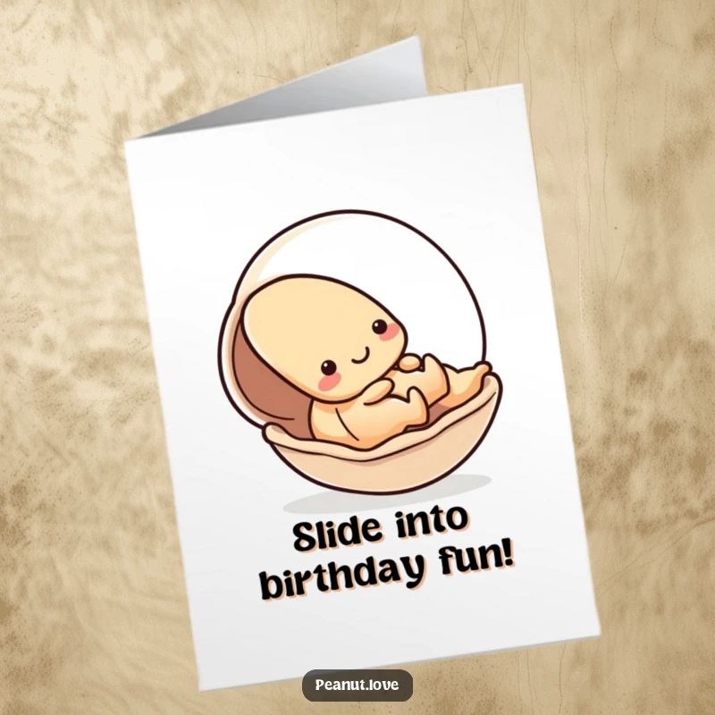 Funny Free Printable Birthday Card: Playful Kawaii peanut gleefully sliding down a smooth shell, celebrating with speed.