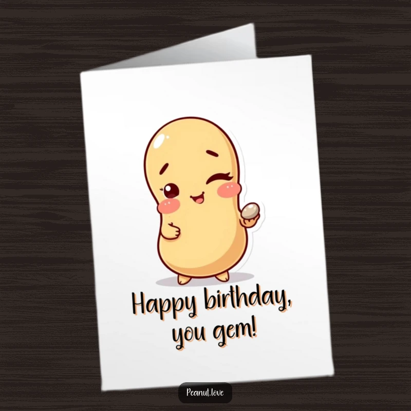Funny Free Printable Birthday Card: A peanut character winks playfully, holding a shiny pebble, a witty and charming birthday wish.