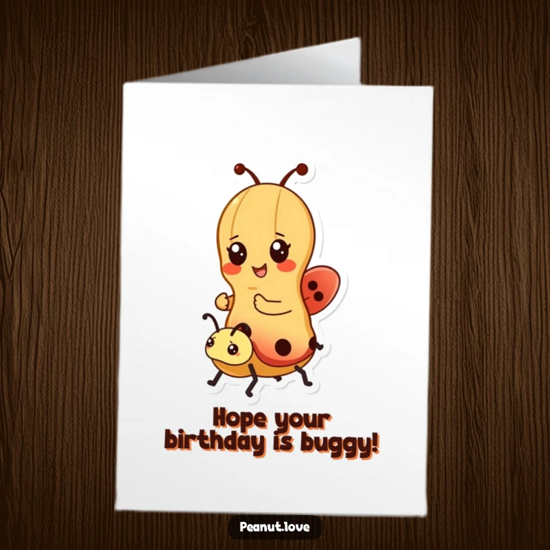 Funny Free Printable Birthday Card: Happy Kawaii peanut joyfully riding a ladybug, spreading birthday wishes with a smile.
