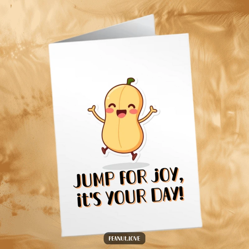 Funny Free Printable Birthday Card: Excited peanut character with wiggling legs, poised for a joyful jump, celebrating.