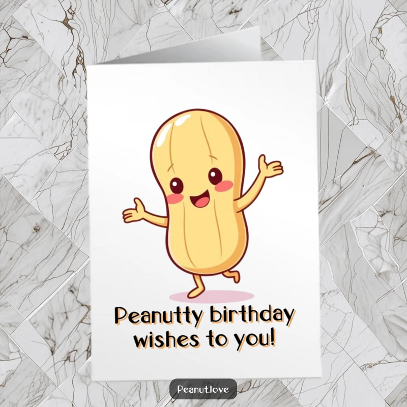 Funny Free Printable Birthday Card featuring a giggling peanut character doing a happy dance with tiny arms outstretched.