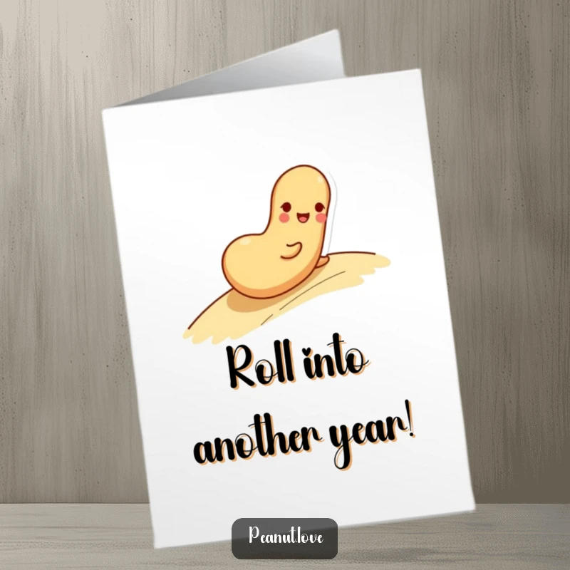 Funny Free Printable Birthday Card: Playful peanut character happily rolling down a gentle slope with a wide smile.