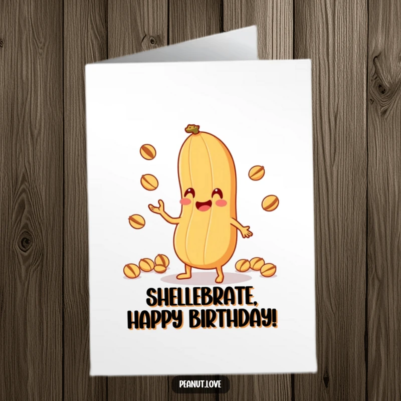 Funny Free Printable Birthday Card: An anthropomorphic peanut character comically juggling smaller nuts while balancing on its shell.