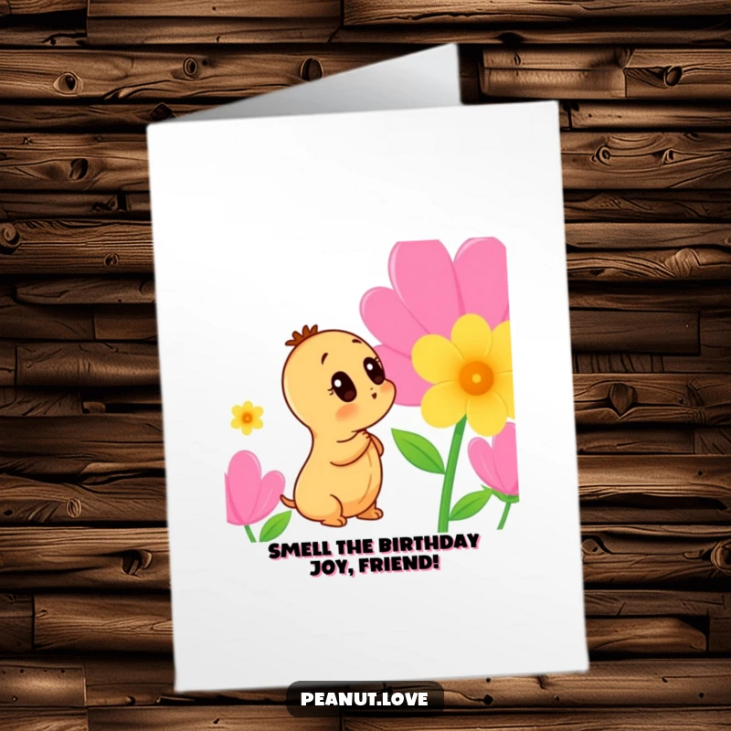 Funny Free Printable Birthday Card showing a curious peanut character investigating a vibrant flower with intense interest.