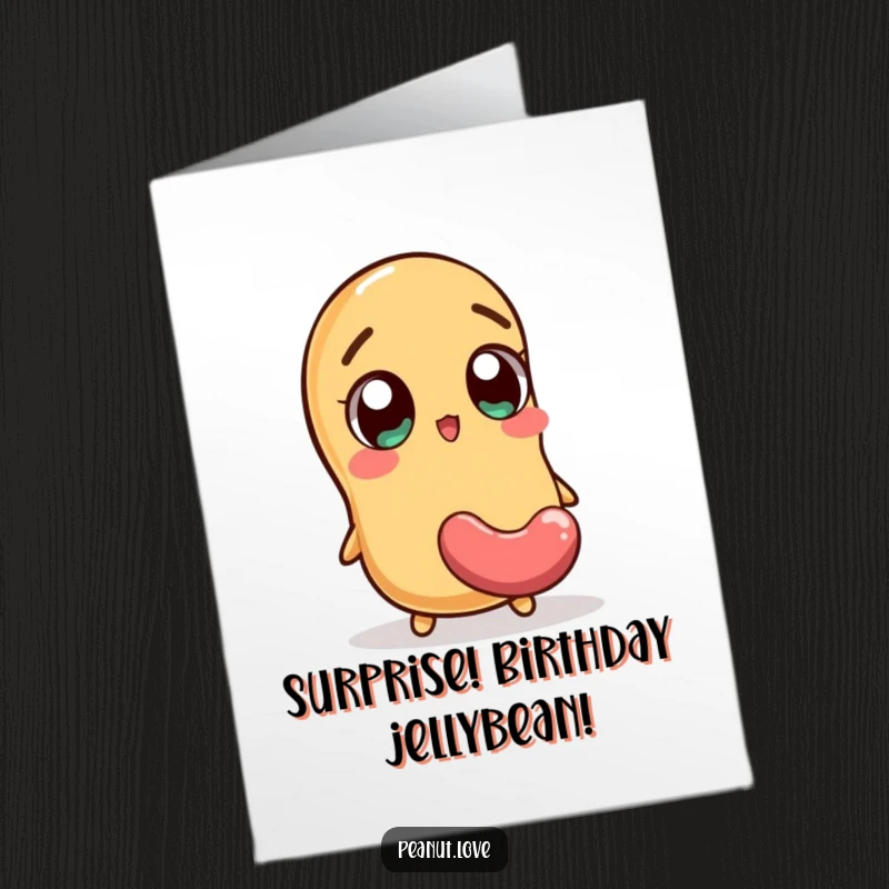 Funny Free Printable Birthday Card: Peanut character with wide eyes surprised by a falling jellybean, hilarious birthday surprise, DIY gift.