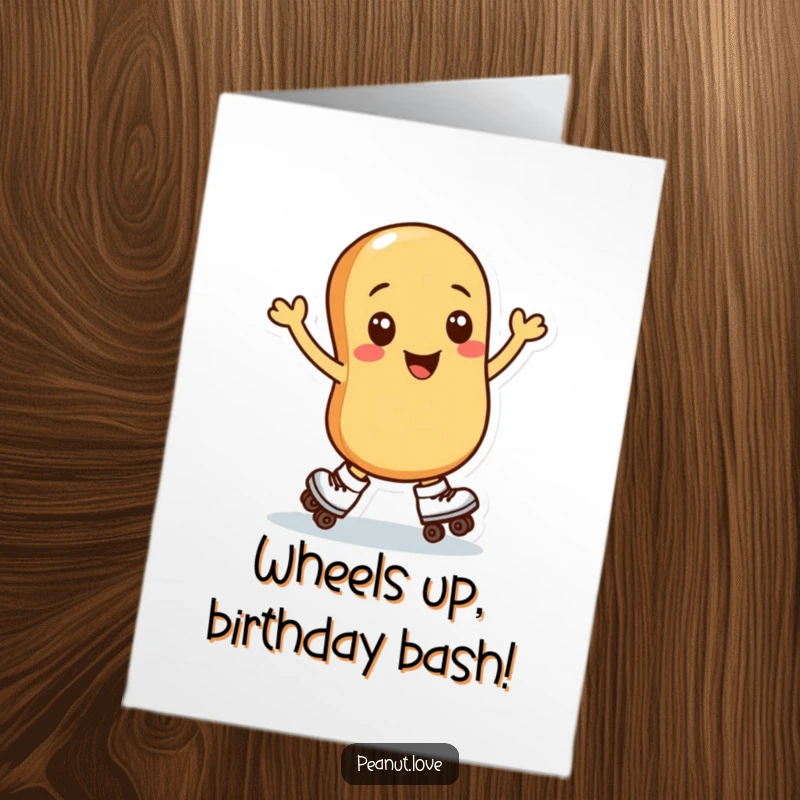 Funny Free Printable Birthday Card: Smiling peanut on roller skates doing a joyful spin, ready for a celebration.