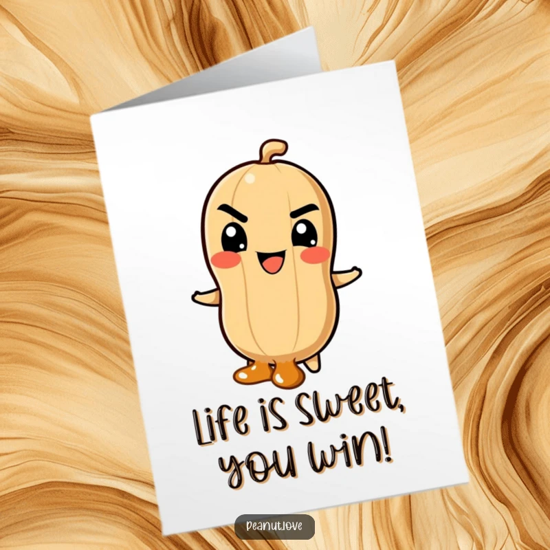 Funny free printable congratulations card of a peanut character mischievously sliding down a caramel swirl, celebrating sweet success.