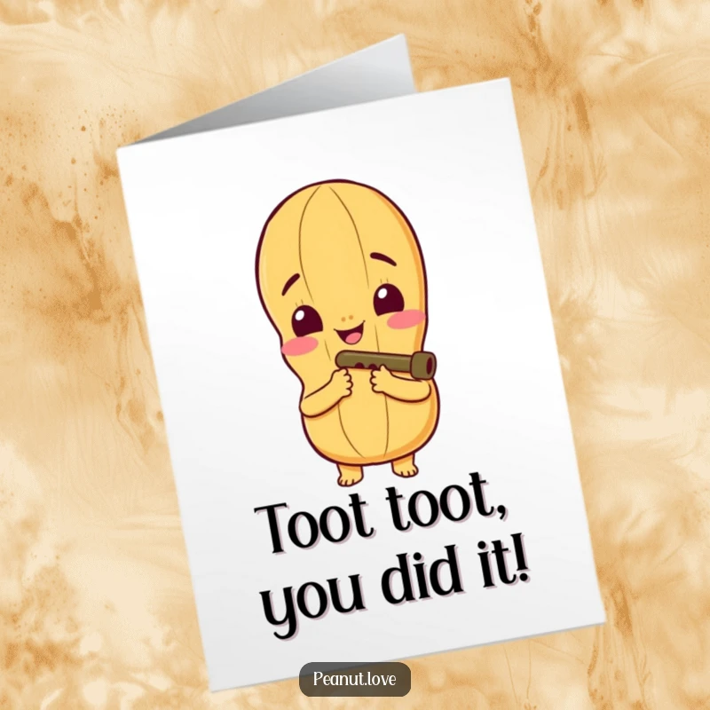 Funny free printable congratulations card of a peanut character with a wide smile playing a tiny kazoo, cheering for success.