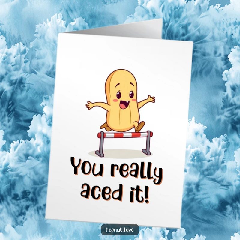 Free Printable Congratulations Card: Excited peanut soaring over a miniature hurdle, symbolizing victory and achievement.