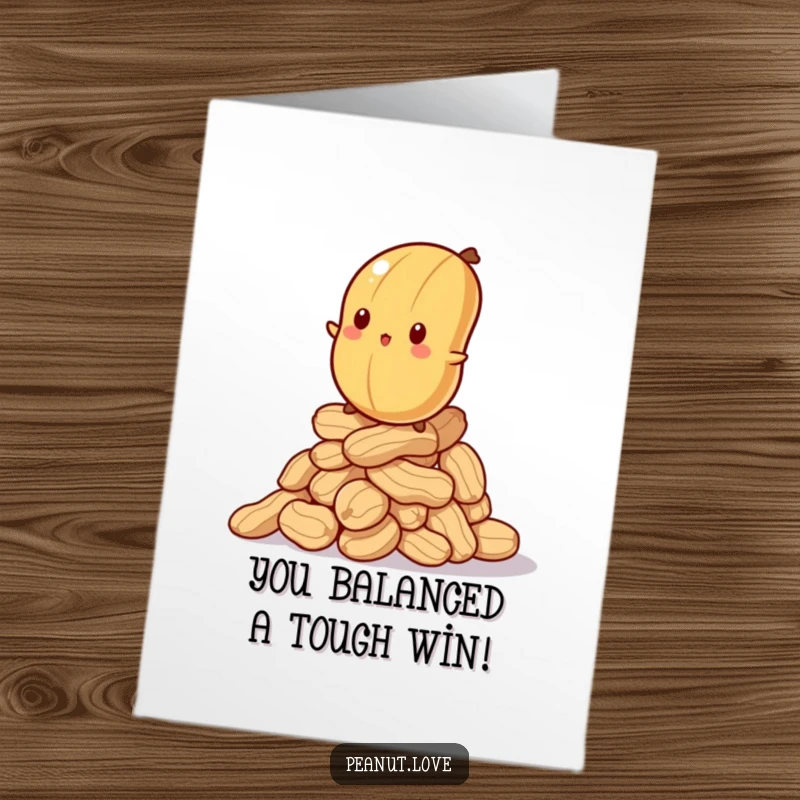 Funny Free Printable Congratulations Card: Peanut Trying to Balance on Stack, A Comedic Representation of Overcoming Obstacles.