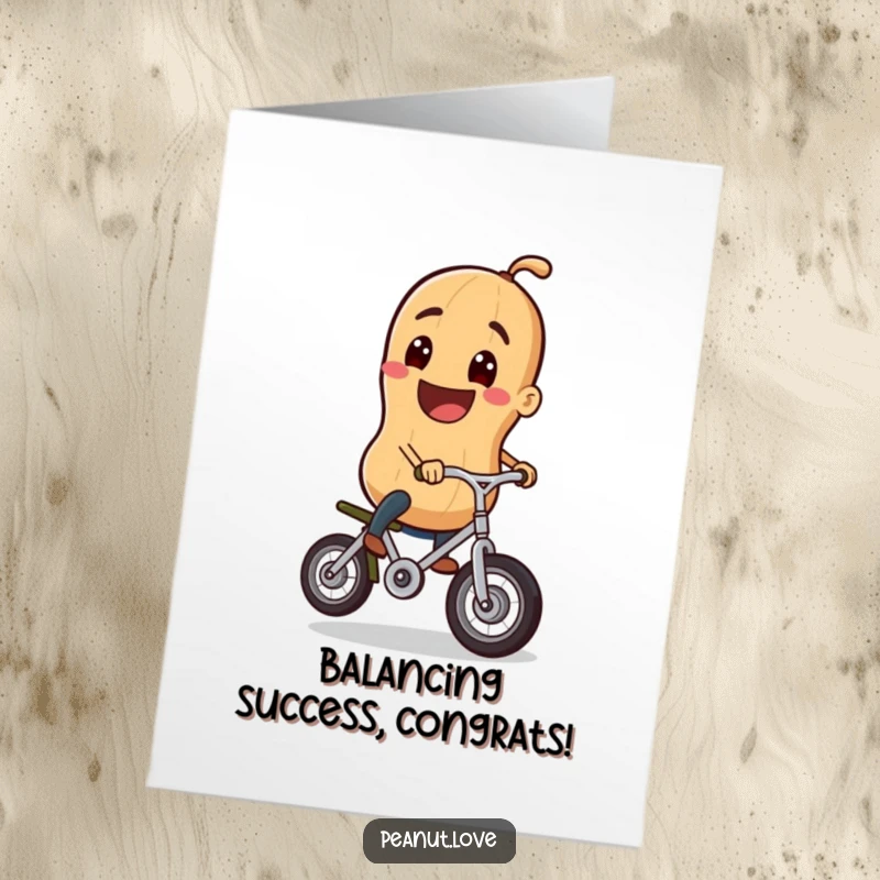 Funny Free Printable Congratulations Card: Peanut Grinning Widely While Balancing on a Small Unicycle