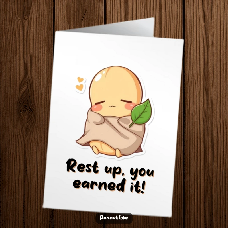 Funny Free Printable Congratulations Card showing a sleepy peanut character using a small leaf as a comically tiny blanket.