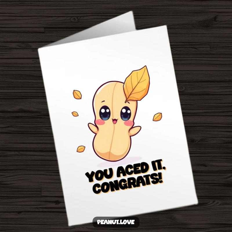 Funny Free Printable Congrats Card: Kawaii peanut character wide-eyed in surprise at a falling leaf, a comical reaction to good news.
